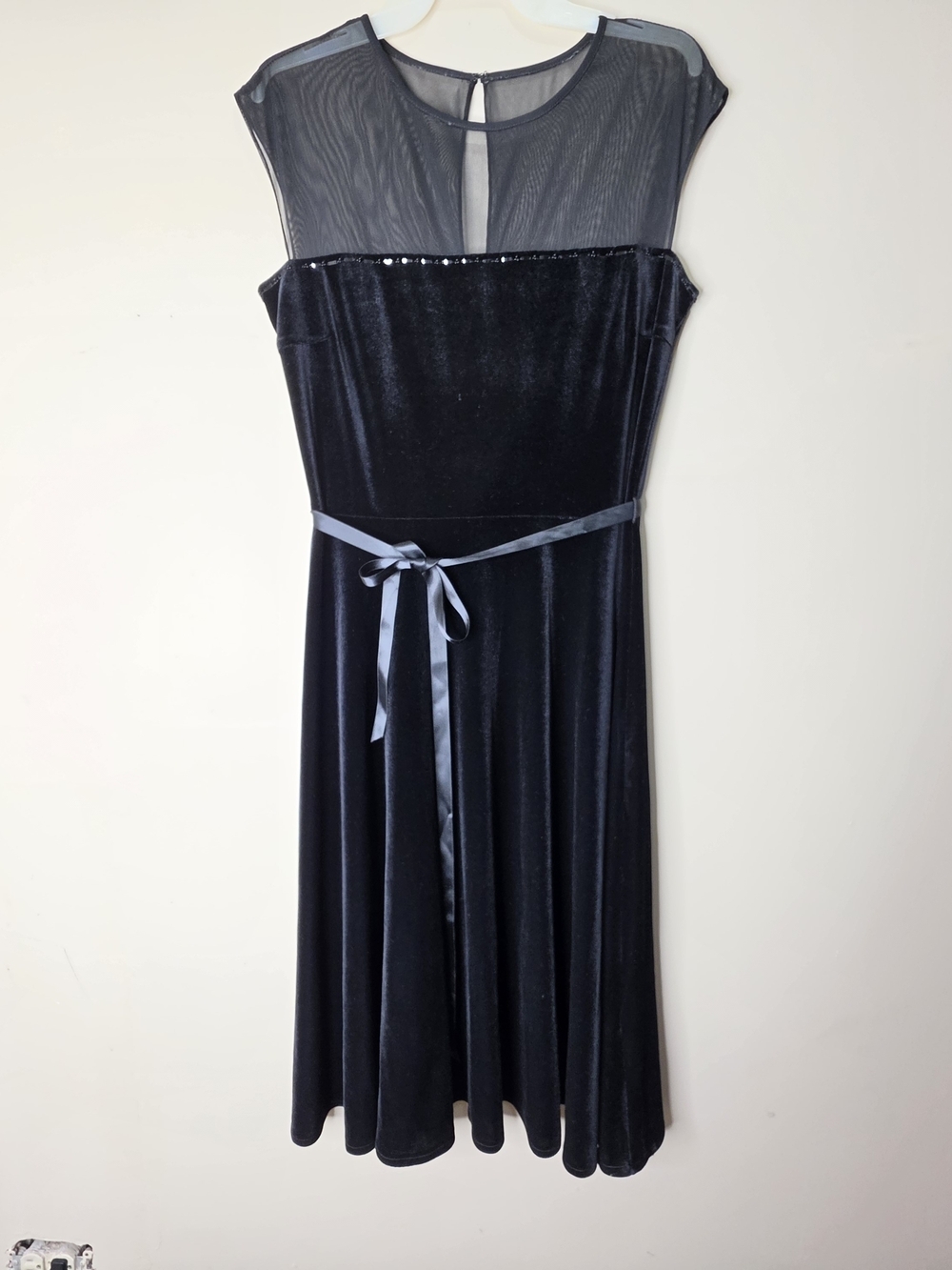 London Times Black Velvet Dress Mesh Top Midi Belted Size 10